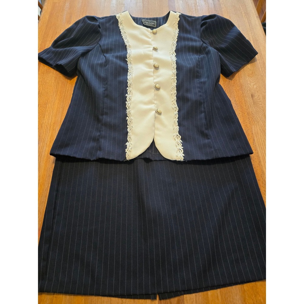 Vtg Leni Leni Women 14 Navy‎ White Stripe Lace Business Church Pencil Skirt Suit